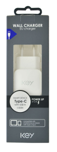 KEY USB-C 2.0 Vegglader 2.4A Hvit