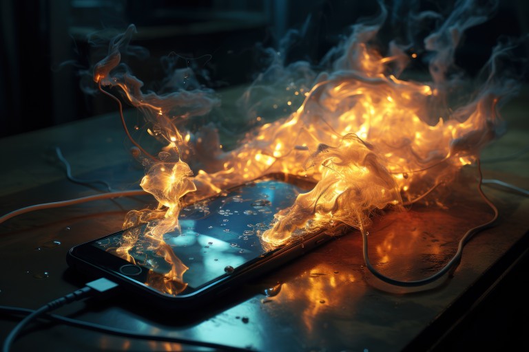Mobile phone catches fire whilst charging. fire hazard from mobile device. generative ai